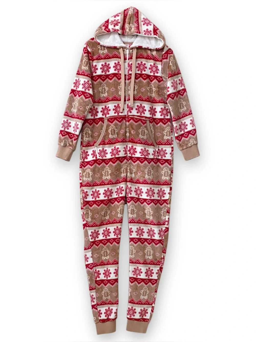 Holiday Time Womens XS 0-2 One Piece Pajamas Gingerbread Snowflake Hooded Fleece
